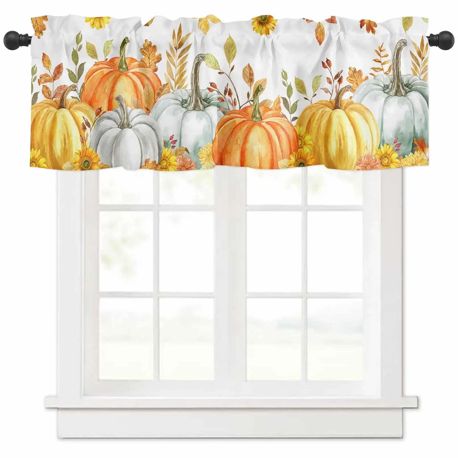 

Fall Curtain Valance for Windows Rod Pocket Thanksgiving Pumpkin Maple Leaves Window Treatments 1 Panel Short