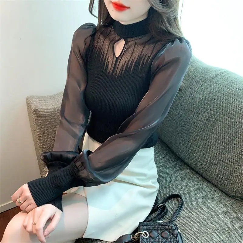 Korean Fashion Slim Solid Color T-Shirts Patchwork Hollow Out O-neck Pullovers Long Sleeve Sexy Temperament Women's Clothing