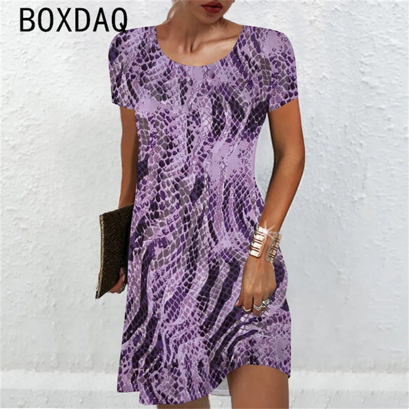 Vintage Women Dress 3D Snake Skin Pattern Print Dress Summer Big Size Short Sleeve Casual A-Line Mini Dress Vestidos De Mujer