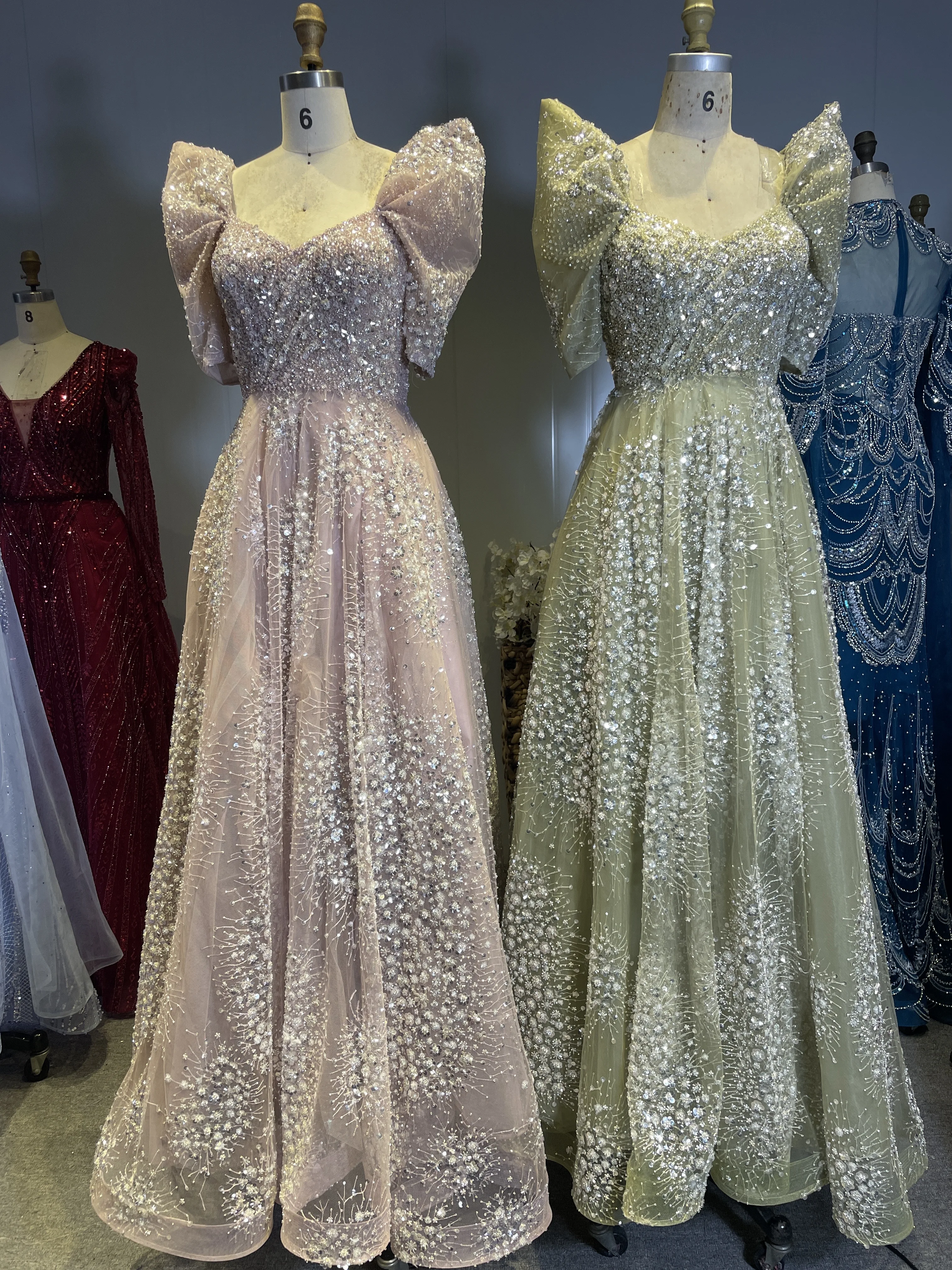 Alinovia Elegant Arabic A-Line Beaded Evening Dress for Women 2025 Puff Sleeves Long Formal Prom Weding Party Gown Customized