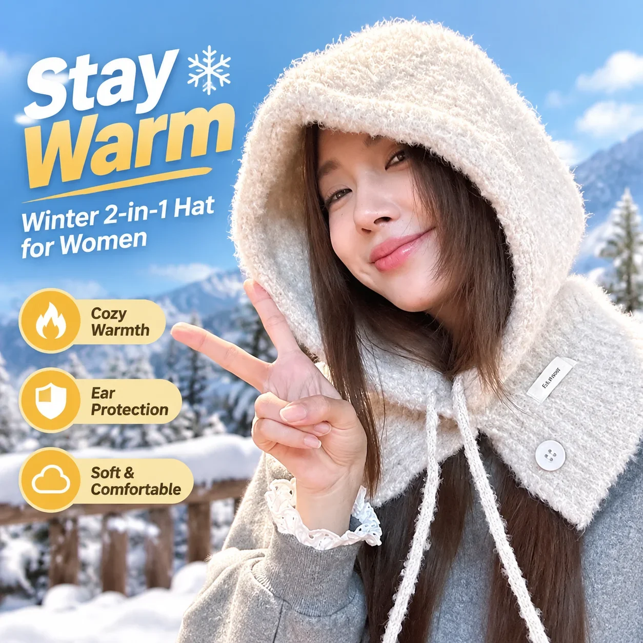 Winter 2-in-1 Faux Mink Knitted Beanie with Ear Warmers and Hooded Neck Gaiter for Women, Polyester Cold-Weather Hat