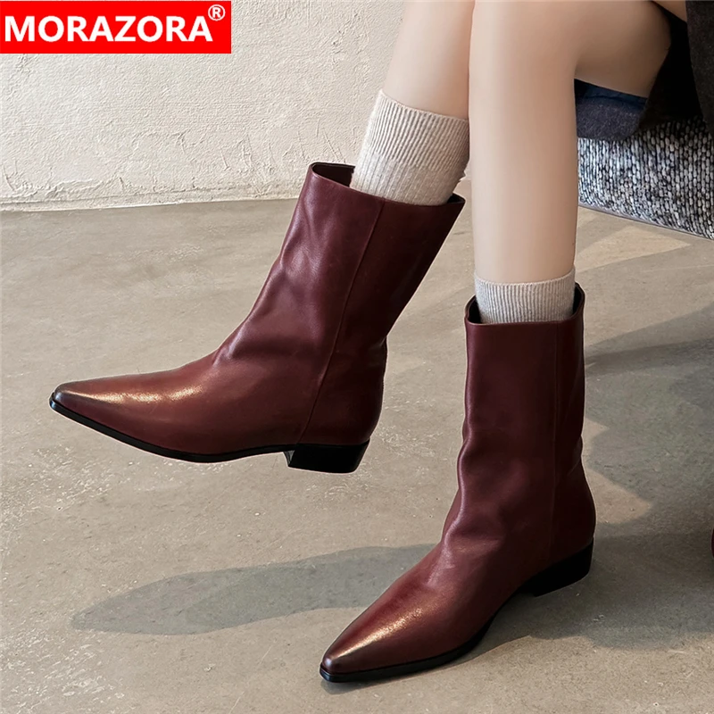 

MORAZORA Size 34-41 New Genuine Leather Boots Women Fashion Low Heels Ankle Booties Fashion Autumn Winter Ladies Boots