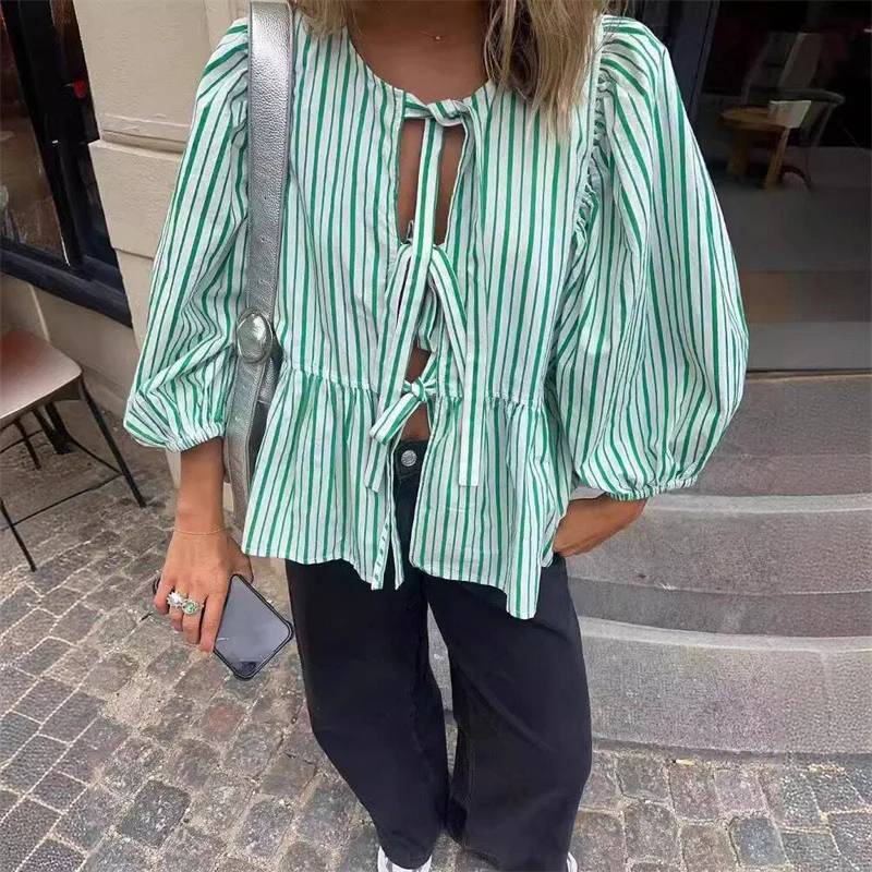 TRAF Bowknot Striped Shirt Women Cut Out Puff Sleeve Female Blouses Streetwear Summer Elegant Blouses Casual Crop Tops Woman