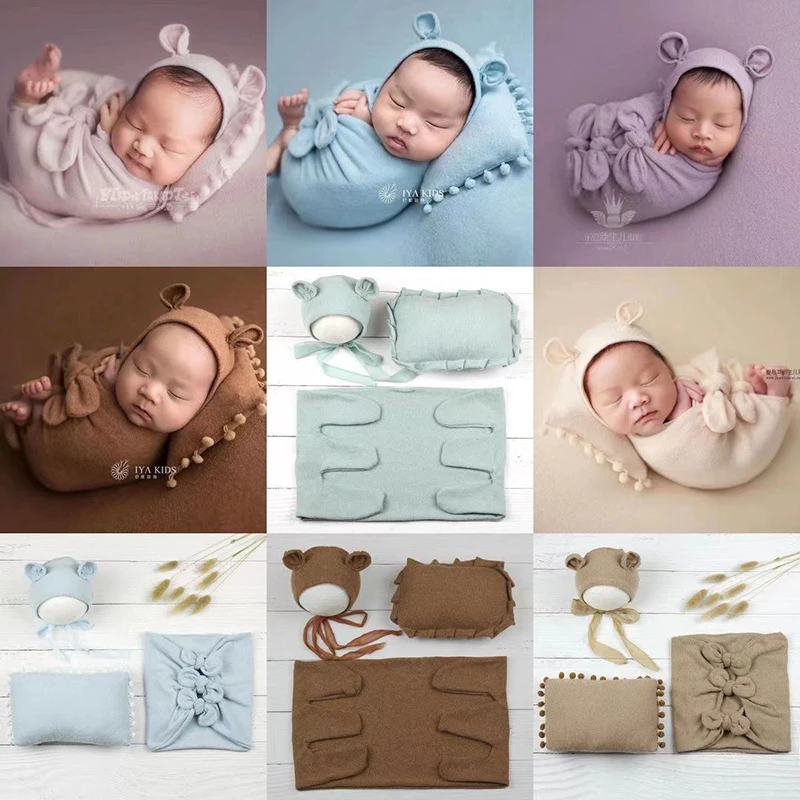 Newborn Photography Props Tassel Ball Wrap Bag + Hat + Hat 3pcs/Set Baby Full Month Photo Background Clothing Accessories