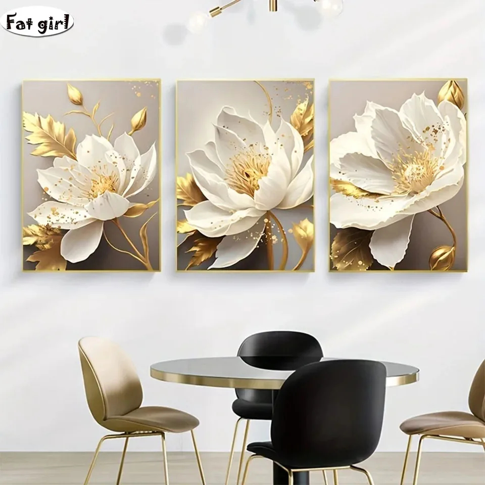 3PCS Diamond Painting Golden Plant White Flower Diamond Embroidery Full Square Diy Mosaic Art Kitchen Modern Home Decorations