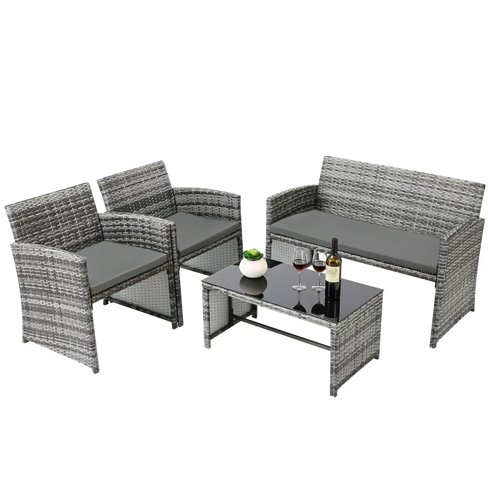 4Pieces Rattan Garden Furniture Set Garden Sofa Set Outdoor Table and Chairs, 3-Sofa, 1 Glass Table Patio Furniture Set