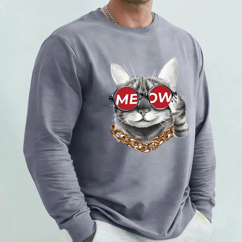 

Прохладное золотое ожерелье с рисунком кота, мужская повседневная мягкая спортивная одежда, уличные толстовки для бега, свободные осенние пуловеры с круглым вырезом, теплые топы