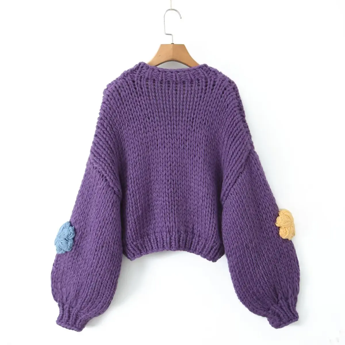 7 colors Sweet Hand Made Crochet 3D Flower Ball Cardigan Retro Woman V neck Long sleeve Purple Knitting Sweater Knitwear Jumper