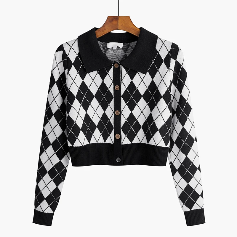 Suéter de punto para mujer, cárdigans nuevos de manga larga con cuello vuelto, suéter de punto a cuadros, cárdigan, Tops para mujer, suéteres, prendas de punto Q826