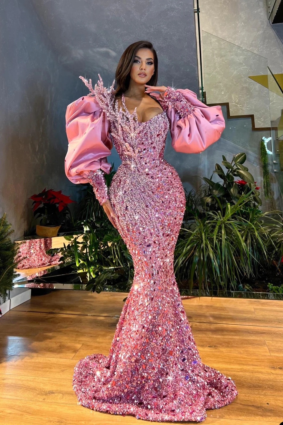 Sparkle Pink Mermaid suknie wieczorowe bufiaste rękawy suknie na bal maturalny Custom Made kryształy cekinowe sukienki imprezowe