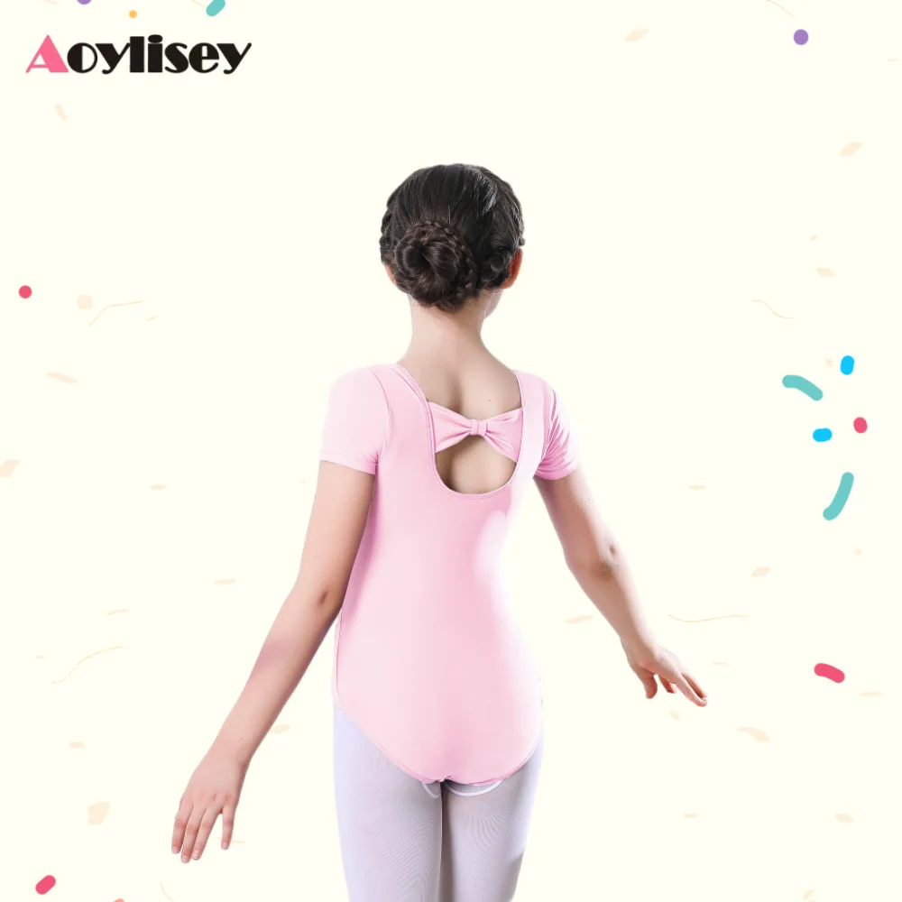 리본이 달린 어린이 발레 댄스 레오타드 유아용 반팔 체조 훈련 바디수트 새로운 스타일 댄스 의상