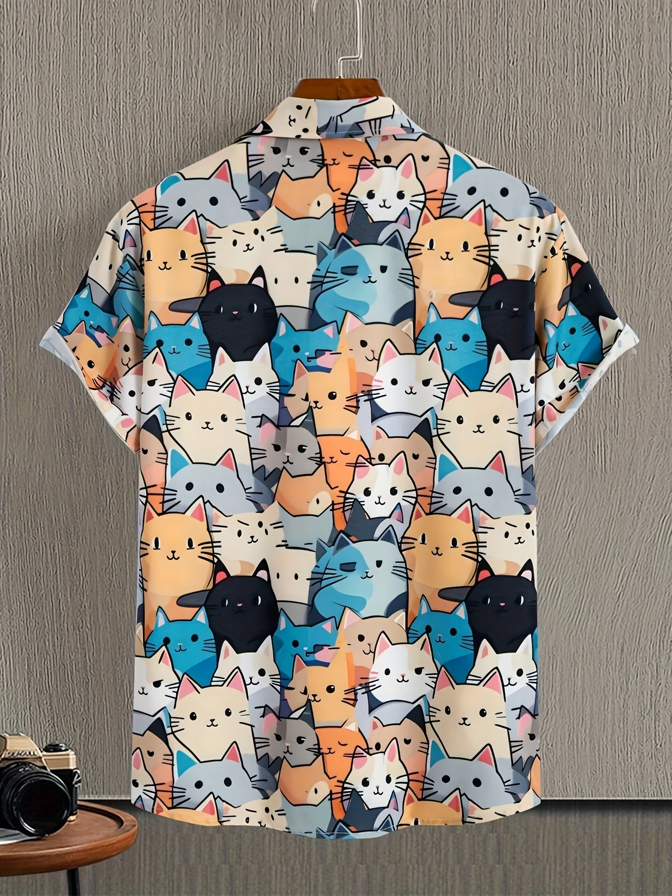 New Playful Men Shirt Cartoon Kitten Full Print Lapel Short Sleeve Loose Fabric For Pet Theme Casual Outings Mens Clothing
