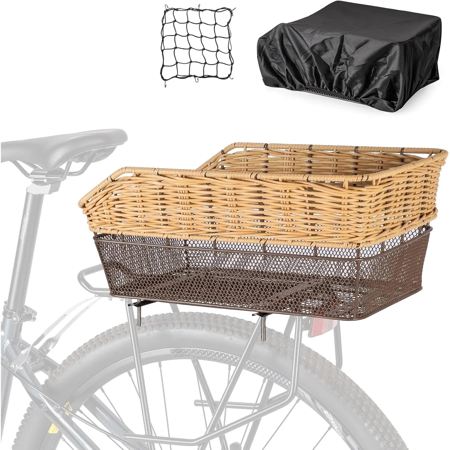 

Woven Rear Bike Basket Large Bicycle Basket Rear with Cargo Net and Waterproof Cover Hand-Woven Baskets Rear for Rear Bike Racks