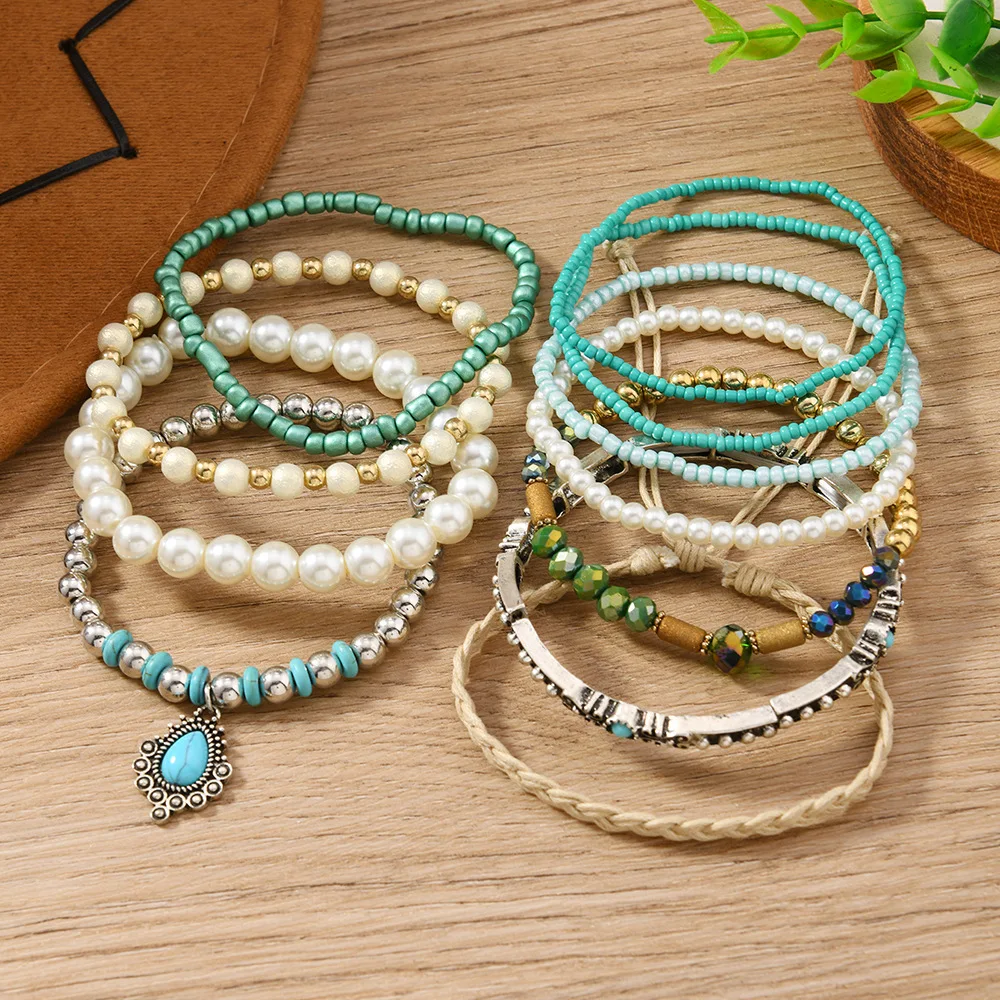 11Pcs Bohemian Green Turquoise Pendant Pearl Bracelet Set  Handmade Rice Beads Bangle Jewelry Accessory