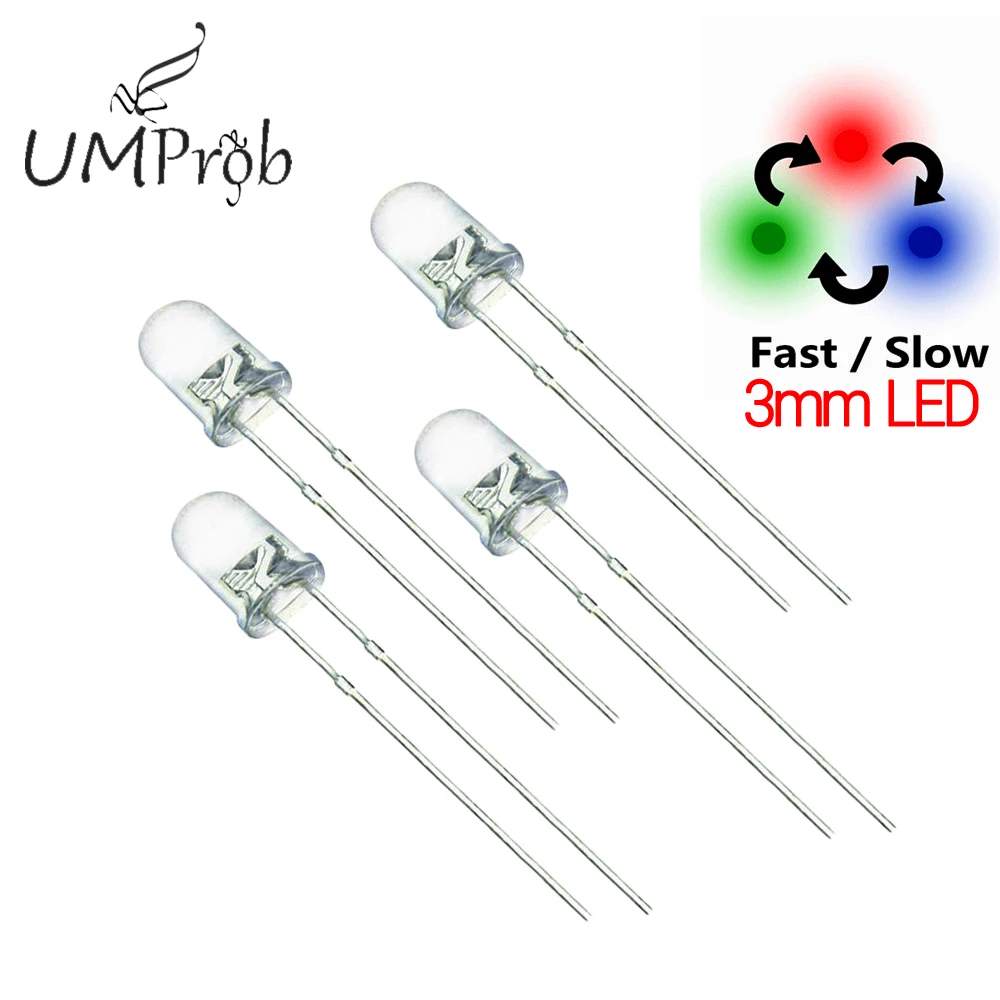 100 sztuk / partia 3 mm LED pełnokolorowa szybka / wolna lampa błyskowa RGB Czerwony Zielony Niebieski Tęczowy Wielokolorowy Okrągły Zestaw do samodzielnego montażu diod elektroluminescencyjnych