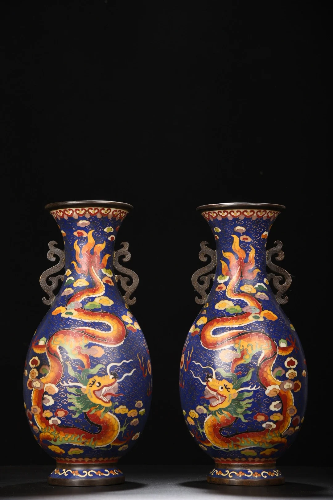 

14"Tibetan Temple Collection Old Purple Bronze Cloisonne Enamel Dragon Texture Dragon Ear Bottle Vase A pair Town House Exorcism