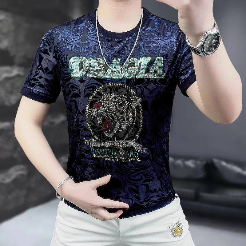 Summer new simple European fashion trend tiger head fantasy color sequins embossed flocking burning flower men's short-sleeved T