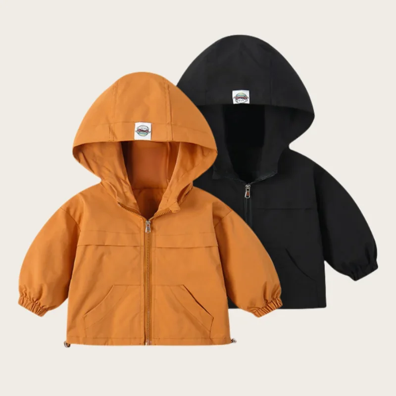 

2025 Autumn Kids Hooded Windbreaker Windproof Coat with Camping Embroidery Toddler Boys Girls Outdoor Jacket with Elastic Cuffs
