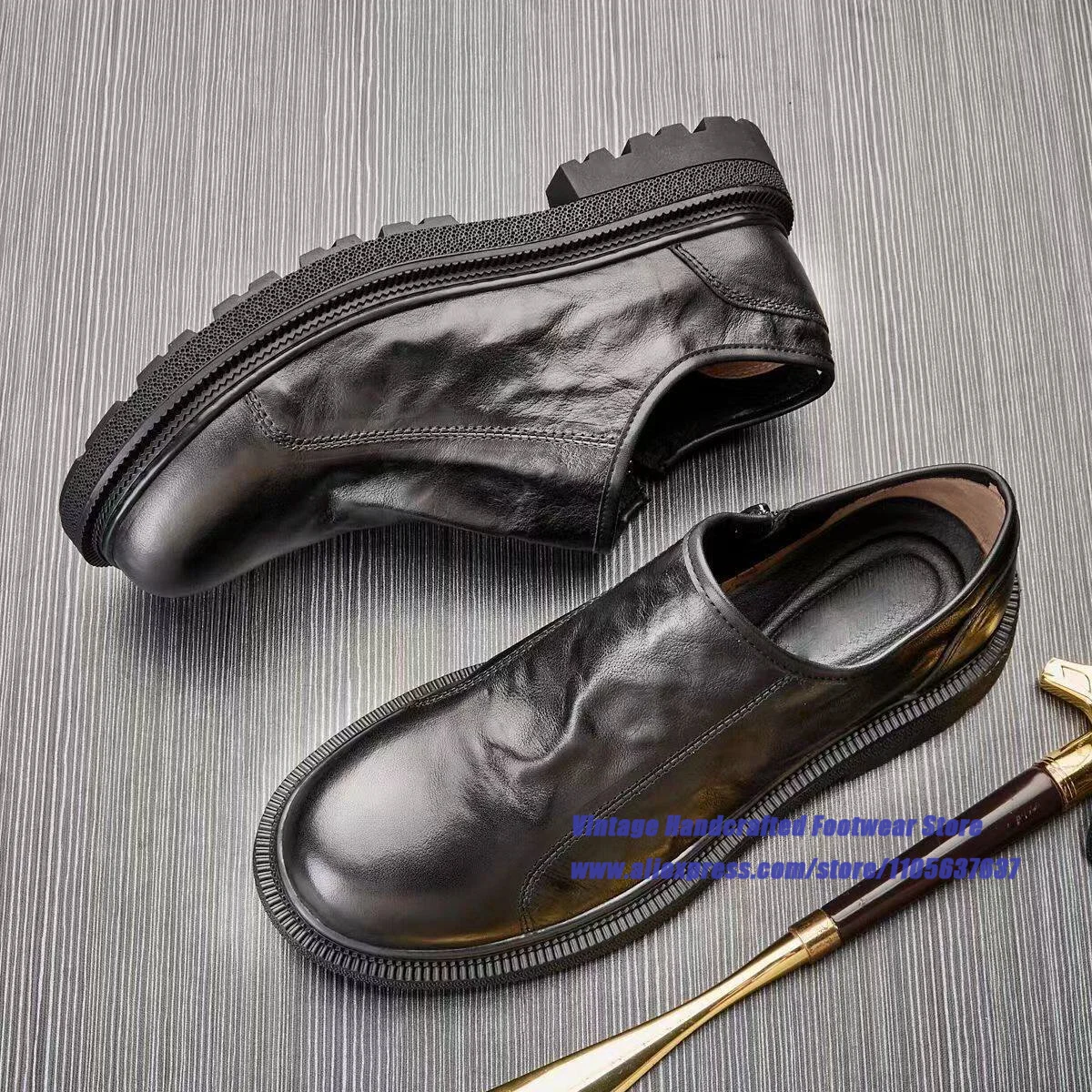 

Men's Black/brown Leather Slip On Loafers Soft Leather Side Zipper Round Toe Casual Shoes ﻿Vintage Handcrafted Men's Shoes