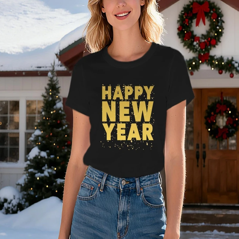 

Celebrate Happy New Year Unisex Shirt for Simple Letters Golden Confetti T-Shirts Gift Festival Letter Gold Print Short Sleeve