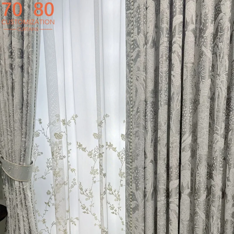 Chinese Jacquard Grey Thickened Chenille Shading Curtains for Bedroom Living Room Bedroom Customized French Window Finished