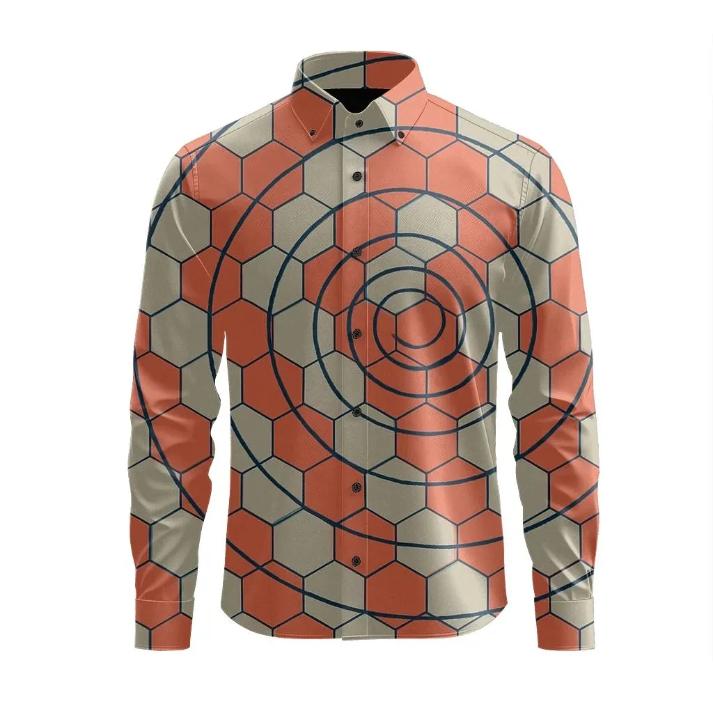 Men's diamond-print long-sleeved shirt, casual and loose fit, button-down front for everyday wear, business casual top.