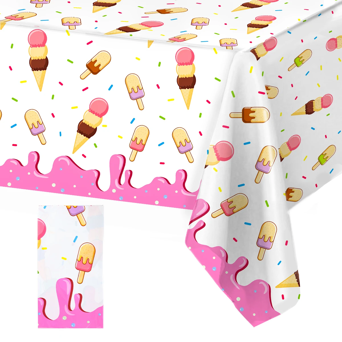 Mantel con temática de helado de verano, cubierta de mesa de cono dulce, impermeable Decoración de mesa, suministros de fiesta de cumpleaños, decoración de fiesta de niño y niña