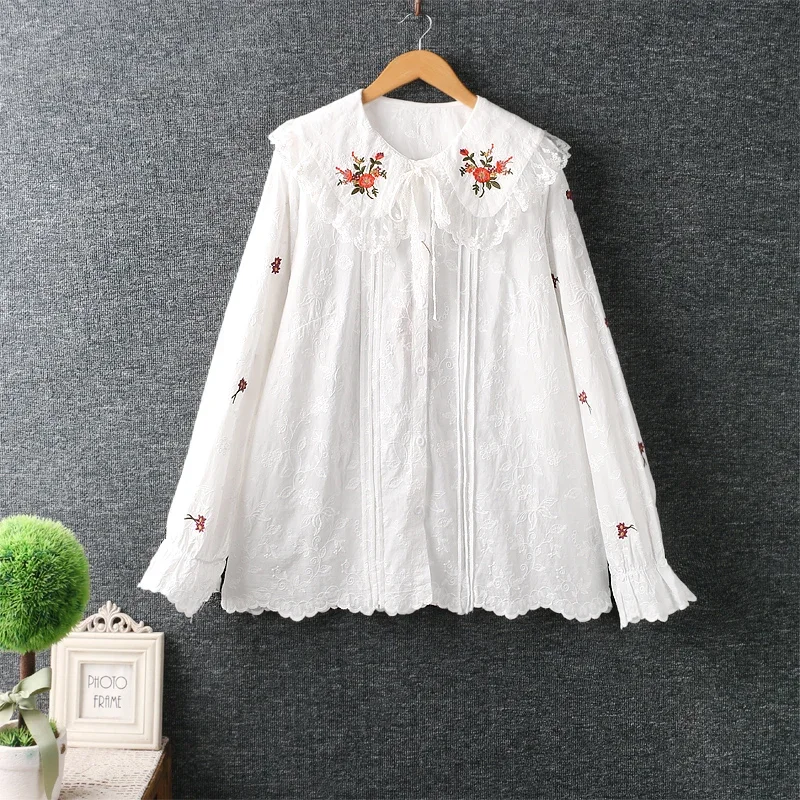 

Harajuku Japan Style Mori Girl Flower Embroidery Lace Shirt Women Long Sleeve Peter Pan Collar Cotton Linen Blouse Blusas Tops