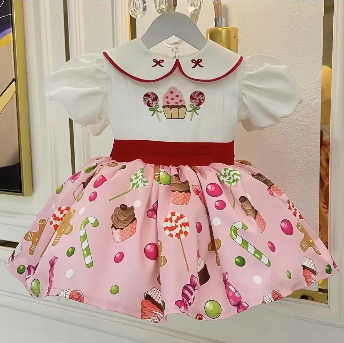 Baby Girl Summer Pink Red Sugar Cake Embroidery Vintage Princess Dress for Party Eid Christmas Birthday Causal Photography B274