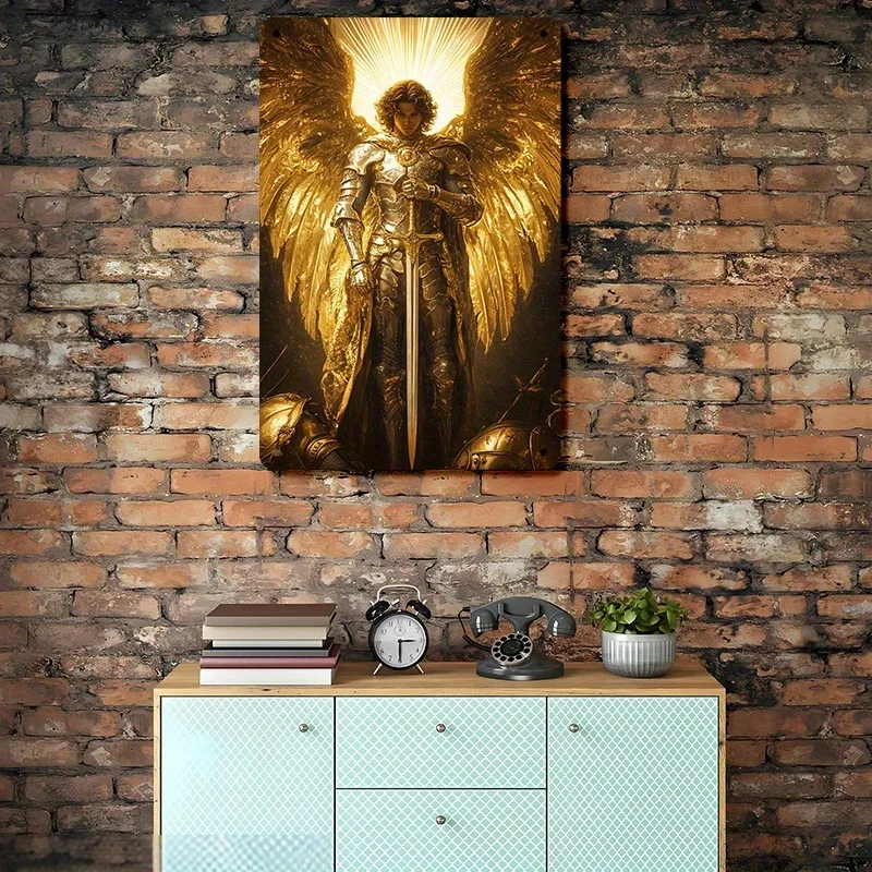 Vintage AluminumMetal Wall Decor Sign, Archangel Michael Art Poster with Halo and Sword