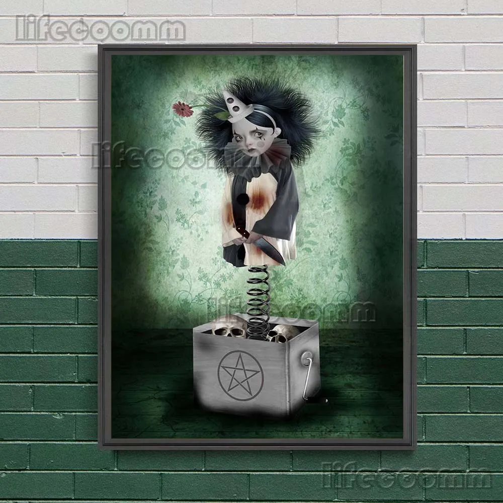 Clown Ghost Box,Cat Girl,Black Winged Angel, Gothic Wall Art Canvas Painting Dark Goth Girl Abstract Art Poster Print Home Decor