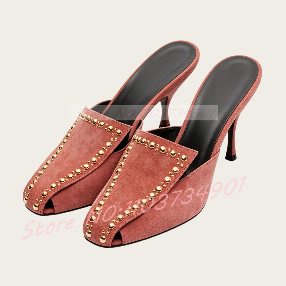 Fold-over Tongue Slip-On Sandals Women Rivets Round Toe Suede High Heels Mules Elegant Dress Sandals