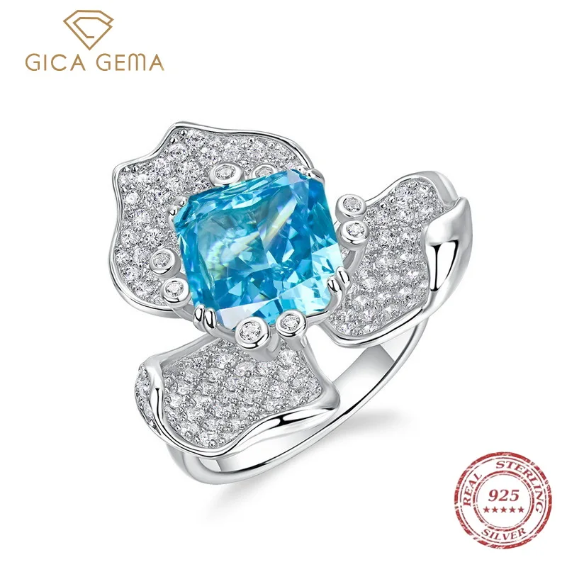 

GICA 100% 925 Sterling Silver 10*10mm Aquamarine High Carbon Diamond Radient Cut Flower Rings For Women Sparkling Fine Jewelry