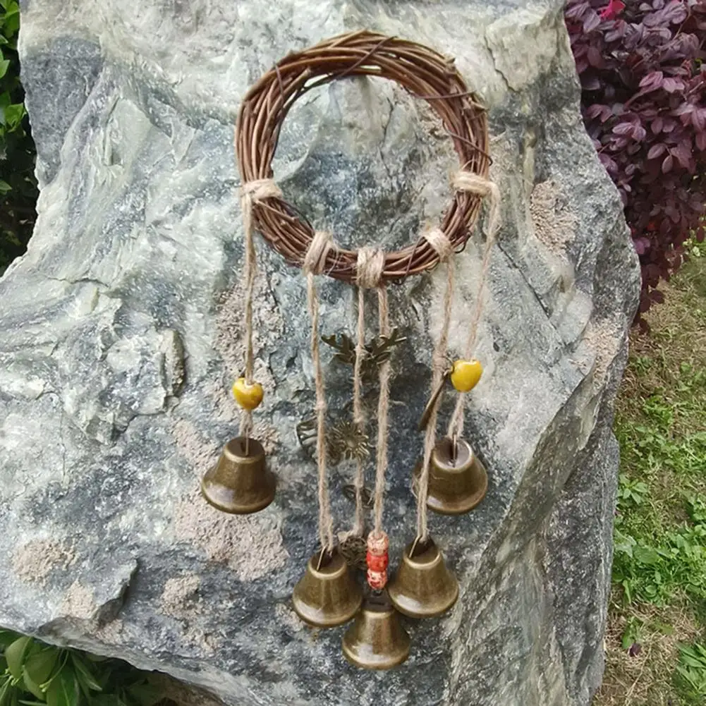 Witch Wind Chime Handmade Brass Bell Witchcraft Door Hanger Wicca Wind Chime Decoration Rattan Wreath Home for Door