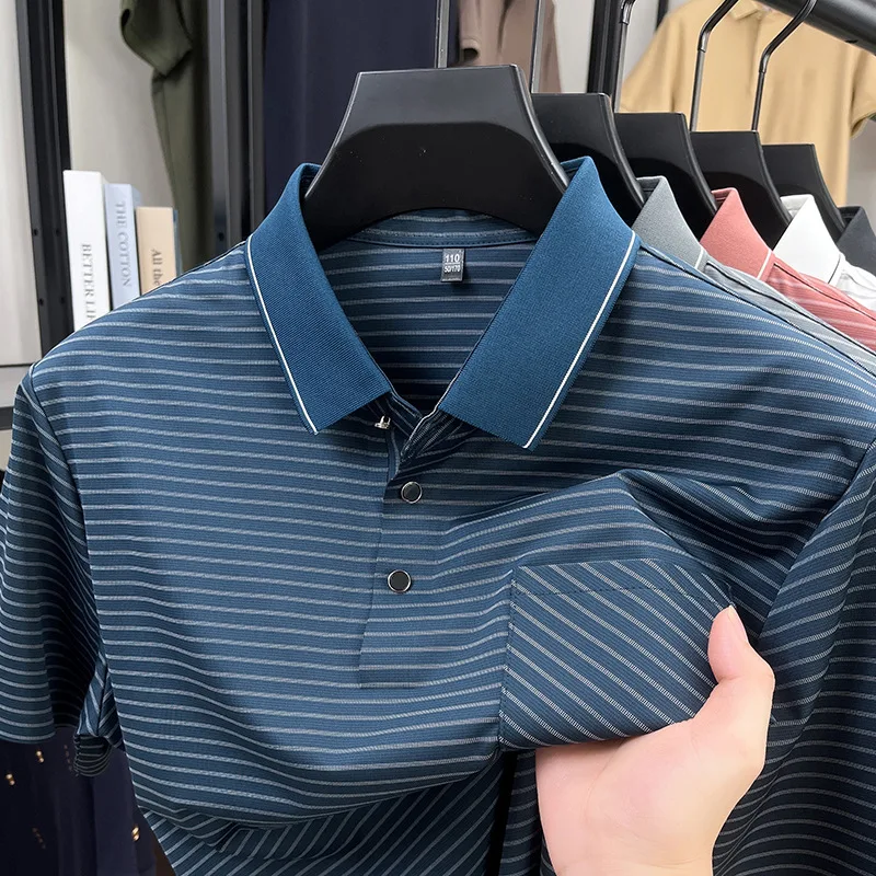 Summer middle-aged men's ice silk T-shirt short sleeve real pocket lapel stripe polo shirt loose T-shirt top dad outfit