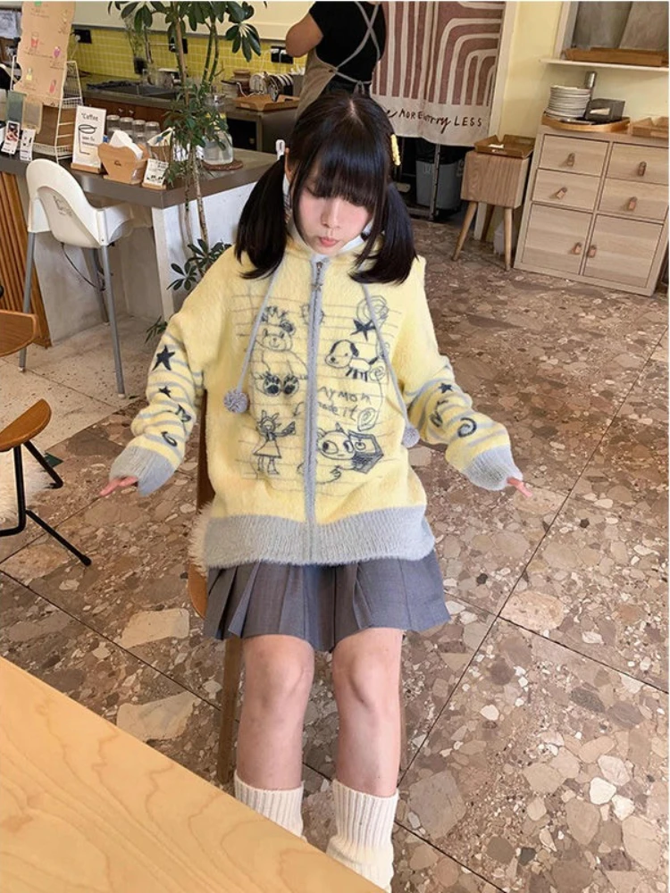 Damski sweter w stylu American Vintage z nadrukiem słodkiego graffiti, słodki kawaii, oversize, z kapturem, zimowy, dziergany, modny, dopasowany kardigan, nowy.