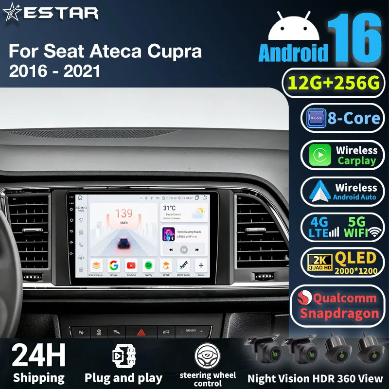 Android 16 Car Radio For Seat Ateca Cupra 2016 - 2021 GPS Multimedia Player Navi Wireless Carplay Head Unit 360 Camera Video DSP