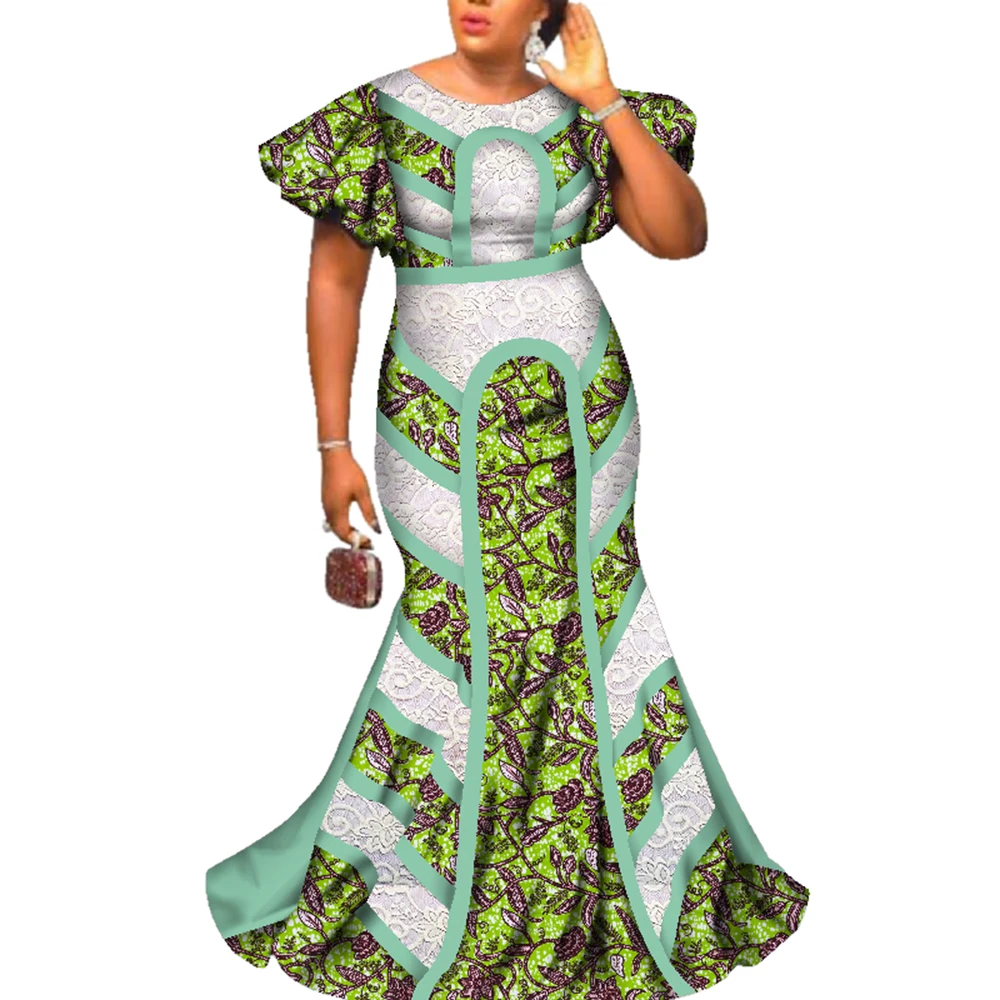 

Элегантное женское платье макси с африканским принтом, женское кружевное платье Bazin Riche с круглым вырезом Дашики, традиционное африканское платье, халат Africaine WY2586