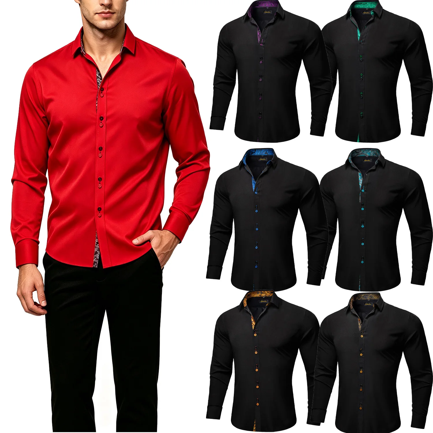 Solid Color Button Up Shirt for Men, Contrast Printed Collar, Dual Buttons, Slim Top, Multi-color Optional Office