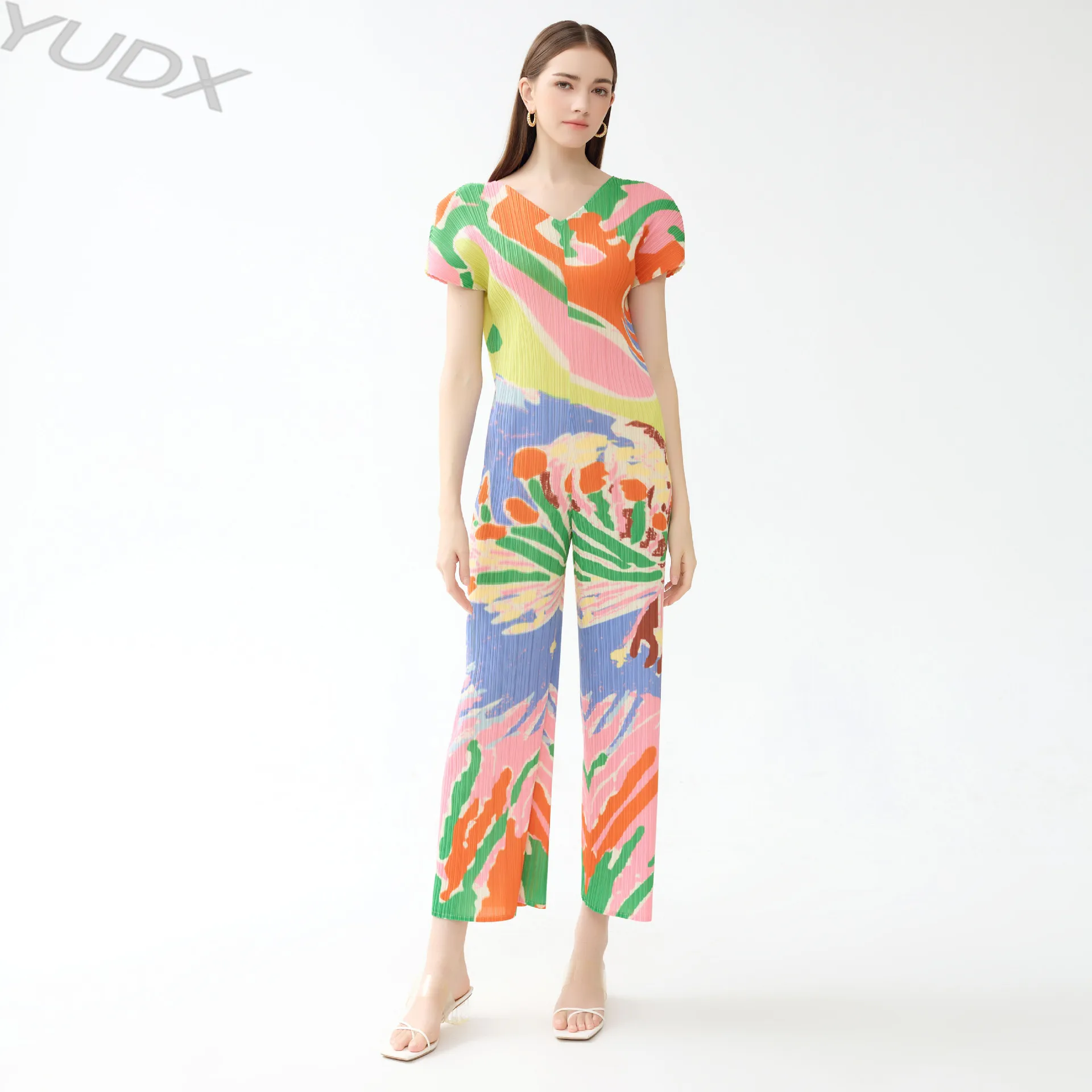 

YUDX Jumpsuit Pants 2023 Early Fall Women's High-quality Miyake Pleated V-neck Bat-sleeved Jumpsuit Straight Casual Wind Slim