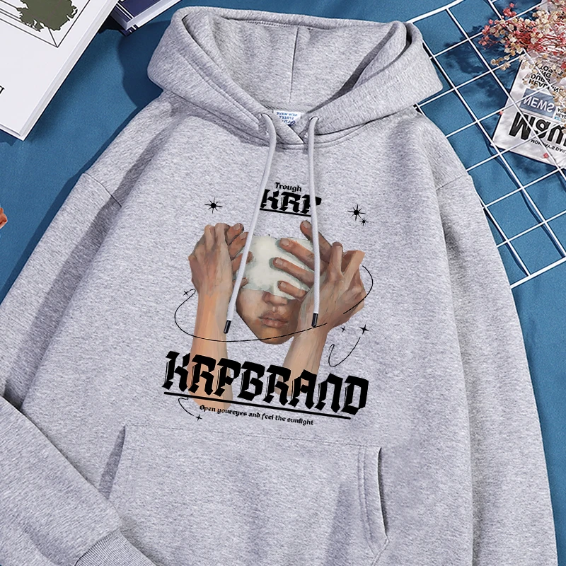 Blindfolded Hand Print Tracksuit Men Round Neck Oversized Hooded Versatile Comfortable Sportwear Personality Fashion Fleece Tops