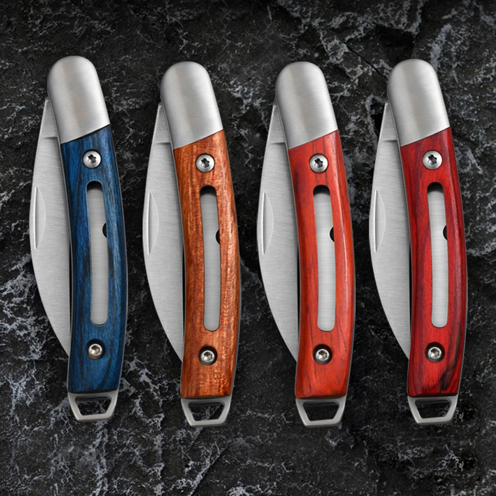 EDC Keychain Curved Knife Small Stainless Steel Pocketknife Colour Wood Handle Camping Folding Pocket Cutting Knives For Men