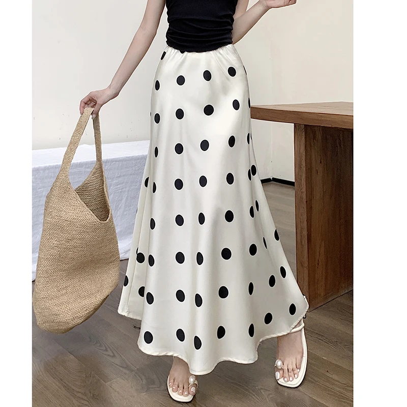 Black Polka Dot Skirts Women Summer Satin Skirts High Waist Elegant Mermaid Skirts Korean Fashion Long Fishtail Skirt 2024 New