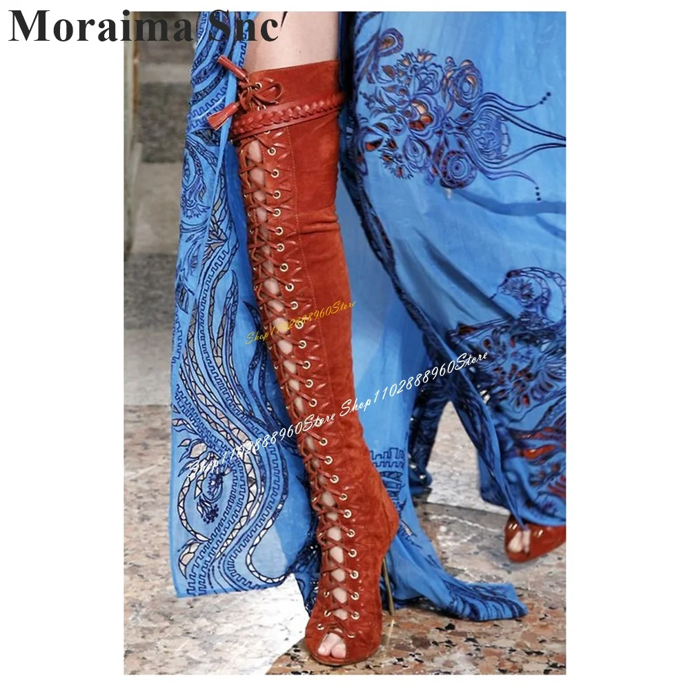 

Over The Knee Brown Cross Tied Metal Heel Boots Thin High Heel Women Shoes Lace Up Peep Toe 2024 Fashion Zapatos Para Mujere