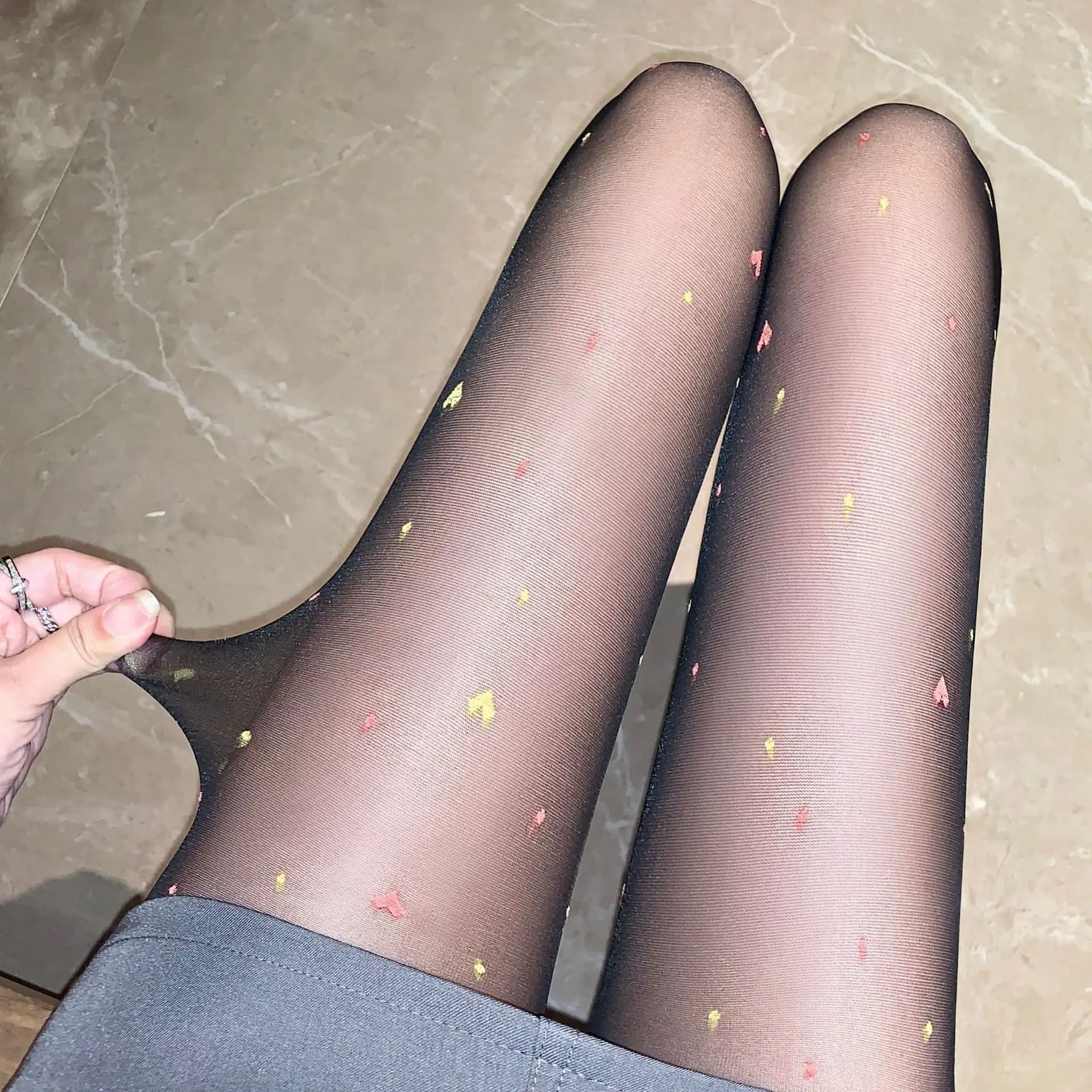 Frauen Ultra Dünne Strumpfhosen Sexy Strumpfhosen JK Strümpfe Bunte Süße Liebe Herz Polka Dots Drucken Transparent Beige Schwarz Leggings – Detail 4