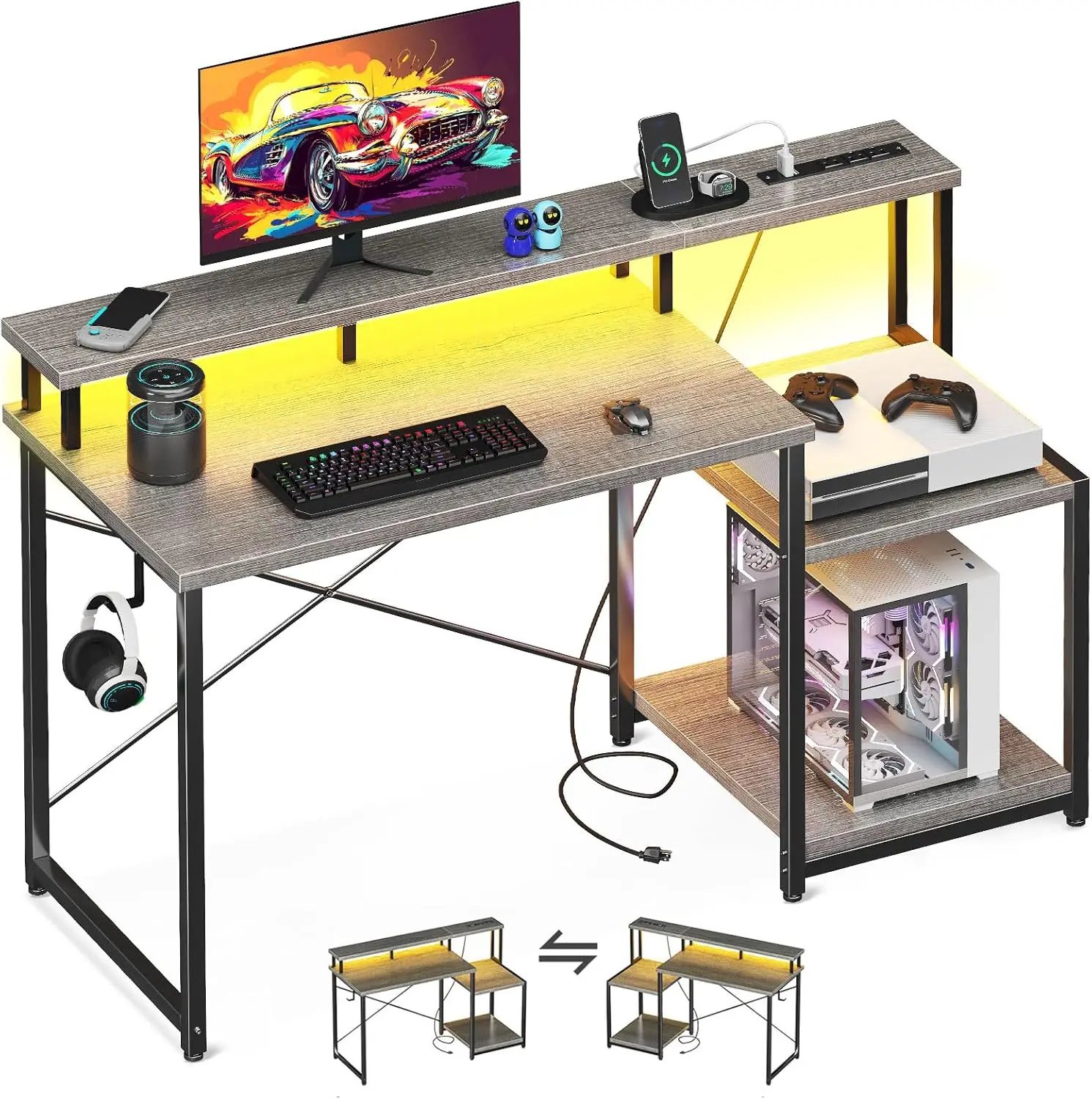 Computer Desk, 48 Inch Gaming Desk with Led Lights & Power Outlet, Office Desk with Printer Storage Shelves, Reversible Desk wit