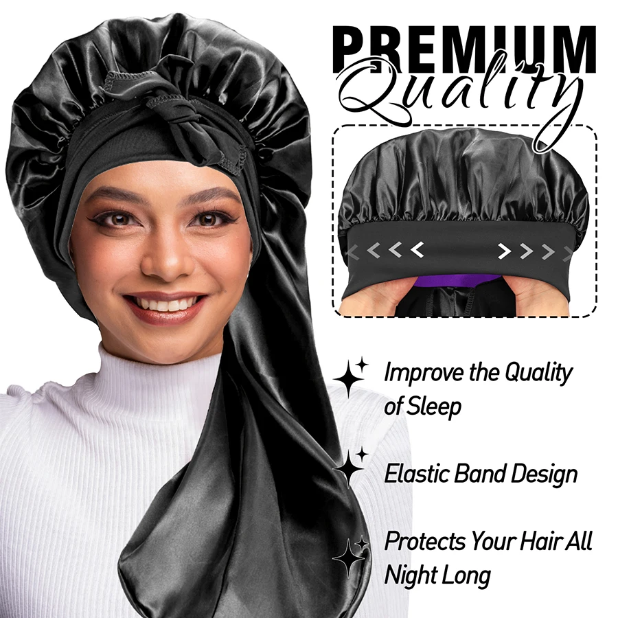 Women Silk Nightcap Suitable for All Hair Styles Large Long Satin Soft Hat for Protect Hair Stretchy Tie Band Sleep Cap Headband