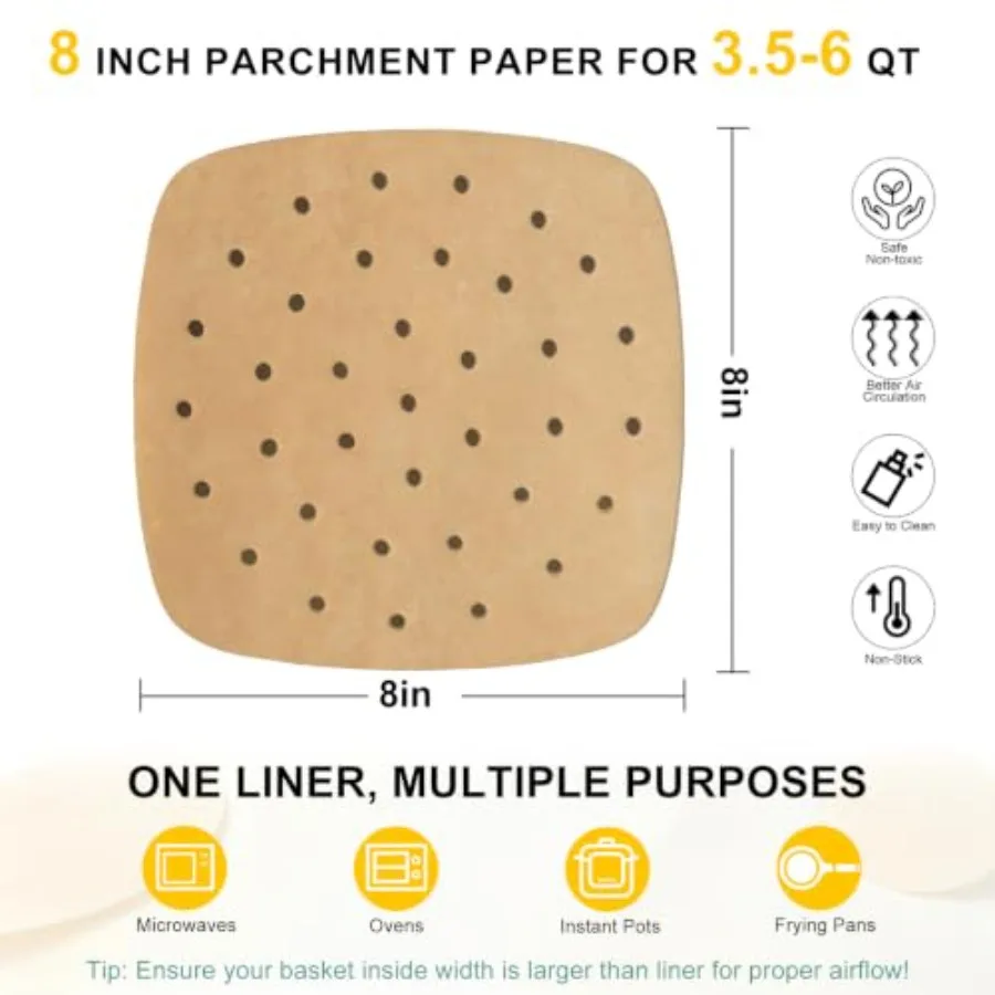 100 Pcs Air Fryer Liners Disposable Parchment Paper, 8 Inch Perforated Airfryer Sheets for Baking, Square Non-Stick Steamer Lin