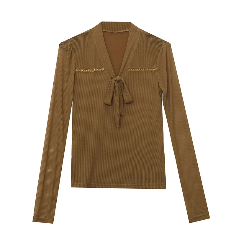 

2025,New Fall Winter European Clothes Mesh T-Shirt Women Chic Sexy V-Neck Bowknot Shiny Beading Tops Long Sleeve Hot Tees 39003