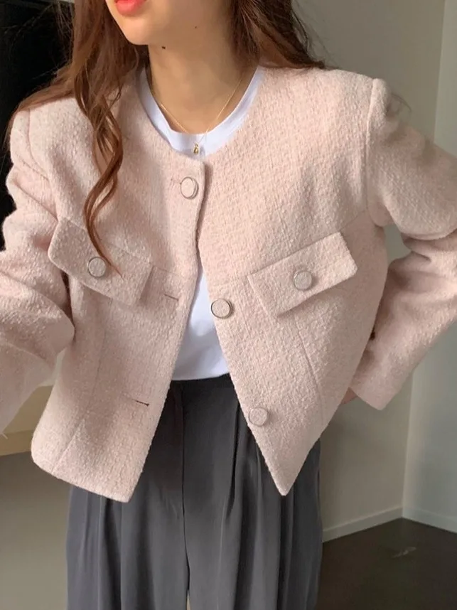 

Korean Sle round Ne ort Outerwear Women's Autumn Winter High Faion Ele Small Fraance Sle Single Button Top